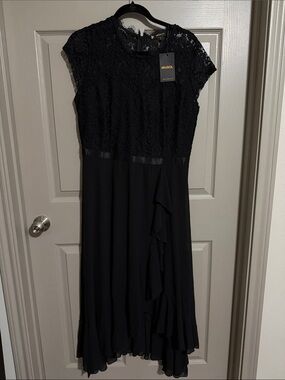 Miusol Black Lace Bodice Chiffon Midi Dress with Ruffle Detail
